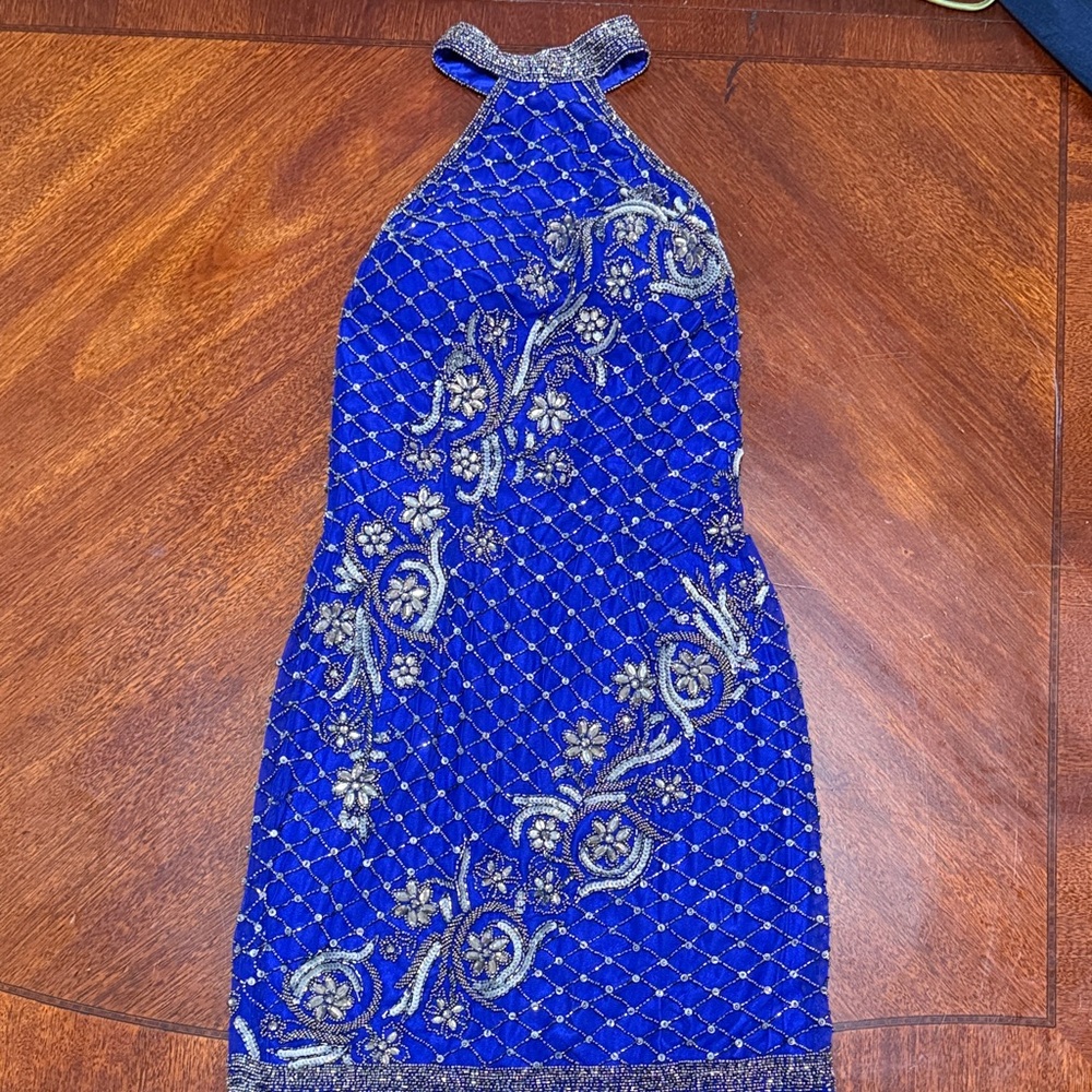 Rachel Allan Sapphire Blue Embroidered Halter Dress